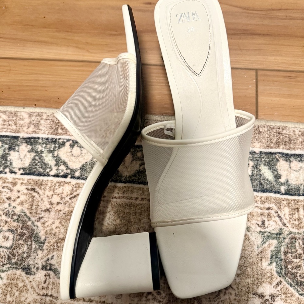 Zara White Mesh Block Heel Sandals